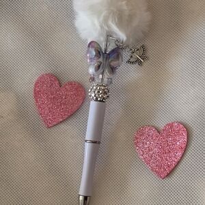 Fluffy White Pen with Butterfly Charm